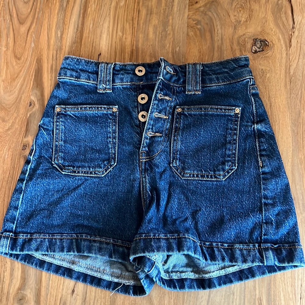 Dark blue jean shorts button up high waisted